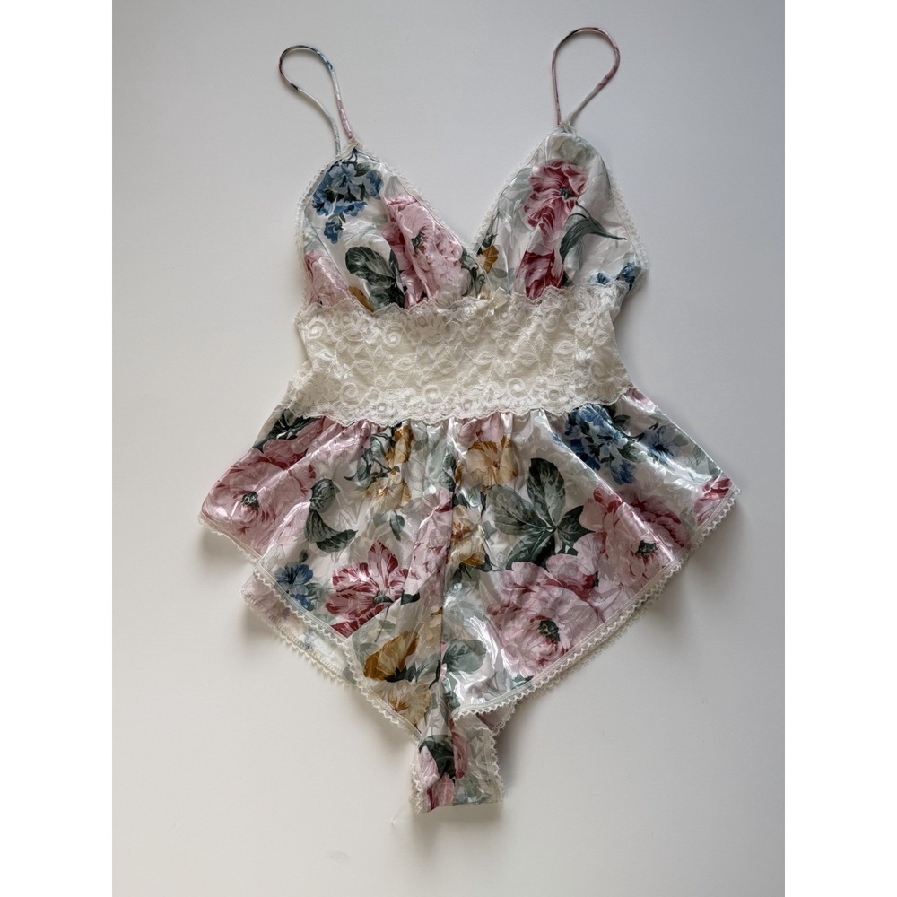 Vintage Escapades Floral Satin Teddy Romper Lace Bodysuit Lingerie Sz M USA